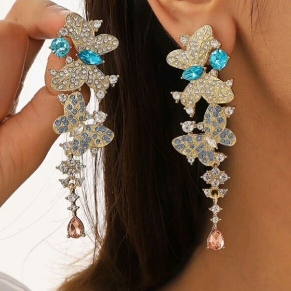 Butterfly Gold Iridescent Crystal Rhinestone Drop Earrings - Picture 1 of 4